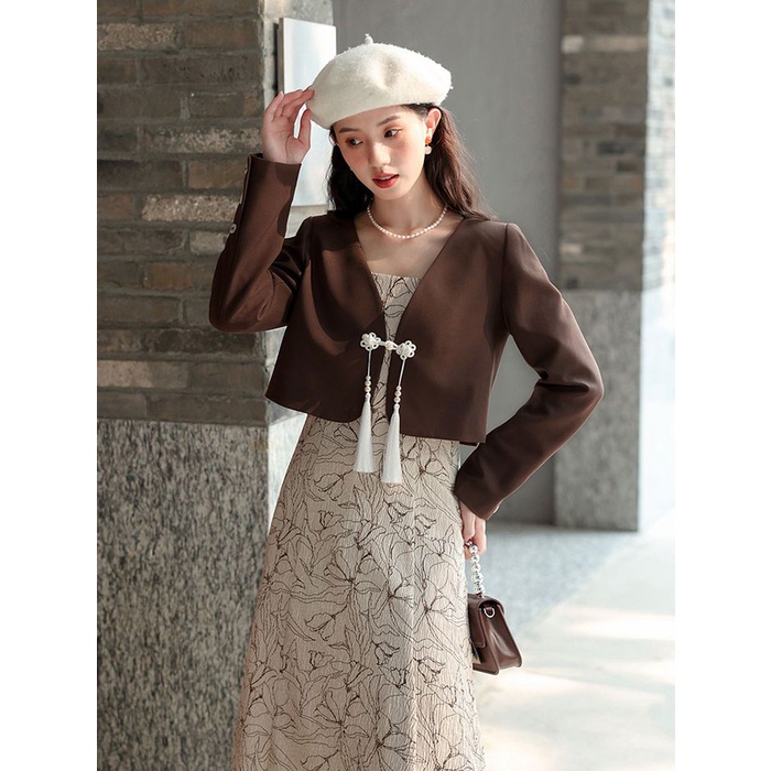 Set Đầm Hai Dây + Áo Khoác Ngoài Phong Cách Trung Hoa Cổ Điển Dành Cho Nữ