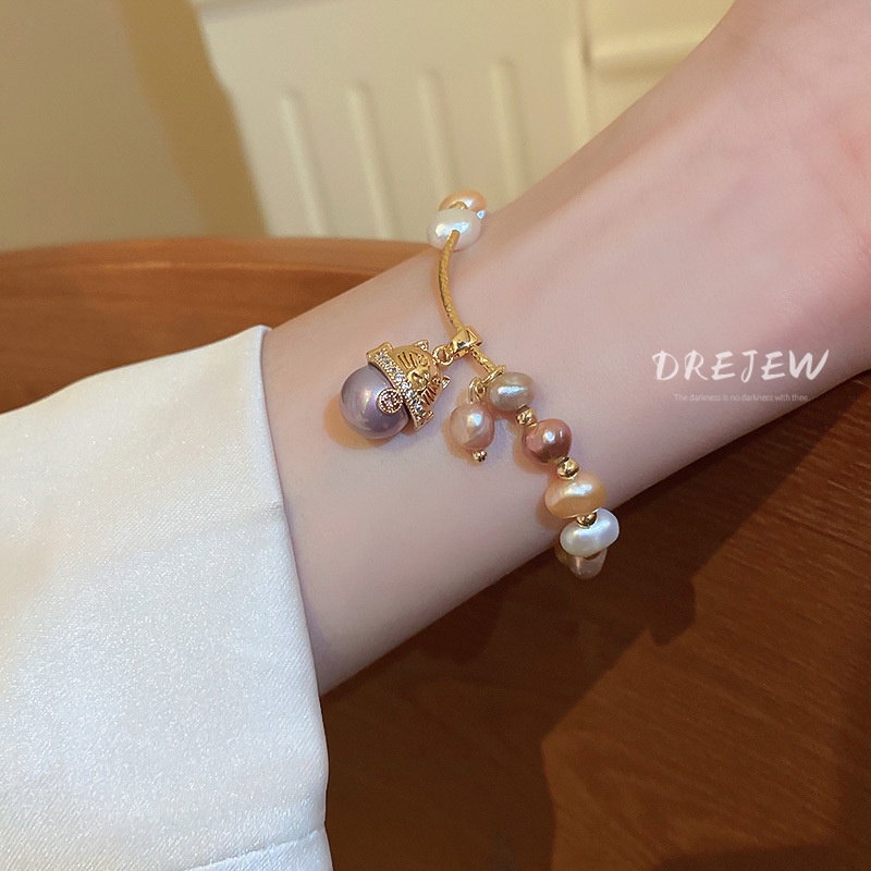 DREJEW Vòng Tay Chuỗi Hạt Tròn Đính Mặt Mèo May Mắn Phong Cách Retro