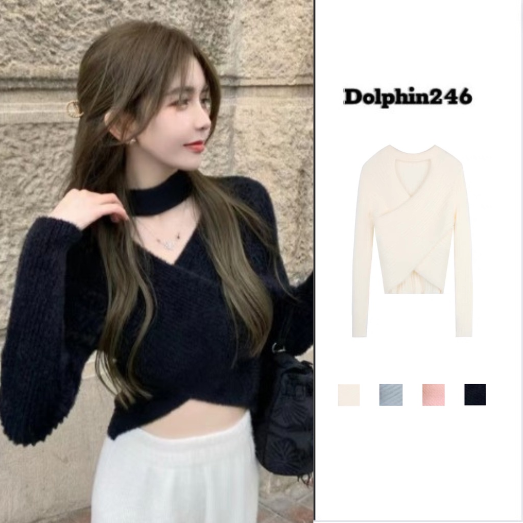 Áo len croptop dệt kim tay dài cổ V sexy choker cá tính vắt chéo tà chất len lông thỏ dày dặn mềm phong cách Hàn Quốc