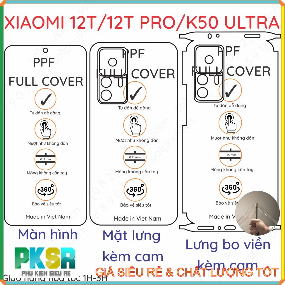 Dán PPF Xiaomi 12T / 12T pro (5G) / K50 ULTRA loại trong, nhám dành cho màn hình, mặt lưng, full viền