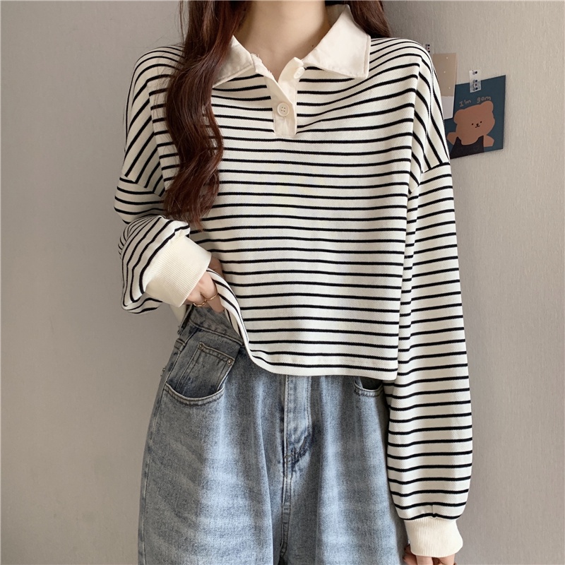 IELGY  IELGY  Áo sweater Tay Dài Cổ polo Họa Tiết Kẻ Sọc Phong Cách Mỹ Thời Trang Cho Nữ