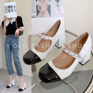 {XẢ HÀNG BÁN LỖ} Giày cao gót mũi vuông bít gót đế trụ 6cm quai xích đính ngọc siêu sang HÀNG LOẠI 1 chuẩn hịn-GC62