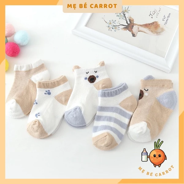 Sét 5 đôi vớ cho bé trai bé gái sơ sinh từ 0 - 3 tuổi, Tất điều hòa cổ thấp thoáng khí cho bé Mẹ Bé Carrot