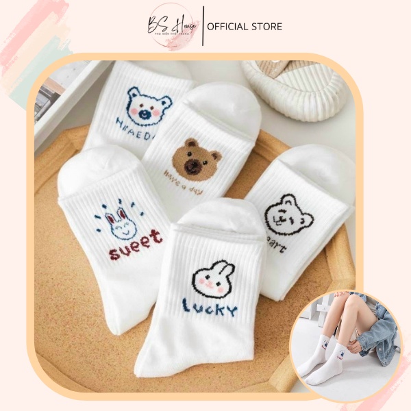Set 5 đôi vớ tất tone trắng mix họa tiết gấu thỏ lucky xinh xắn, cổ cao, vải cotton dày dặn