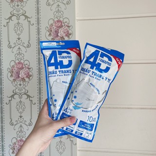 Khẩu trang y tế kháng khuẩn cao cấp Famapro 4D màu trắng (10 cái/ túi) - 98% Lọc Khuẩn, Bụi, Virus (Hàng Cty)