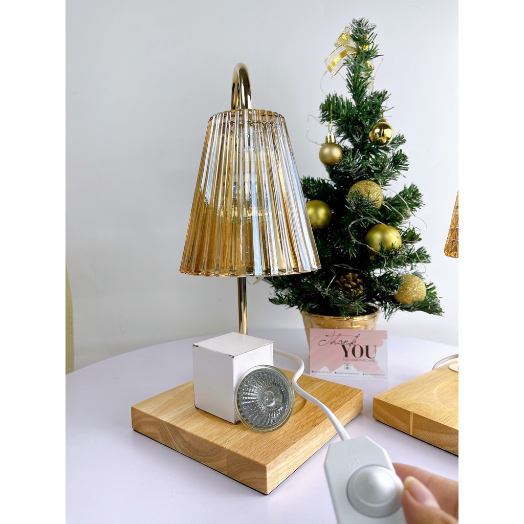 Đèn đốt nến thơm đế gỗ nón thủy tinh có chỉnh độ sáng - tặng kèm bóng