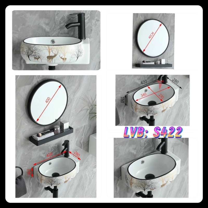 Chậu lavabo rửa mặt hoa văn đi kèm gương và kệ