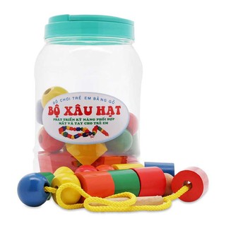 Đồ chơi xâu hạt gỗ, xỏ dây có hộp đựng khối lớn nhất cho bé học kỹ năng vận động tinh