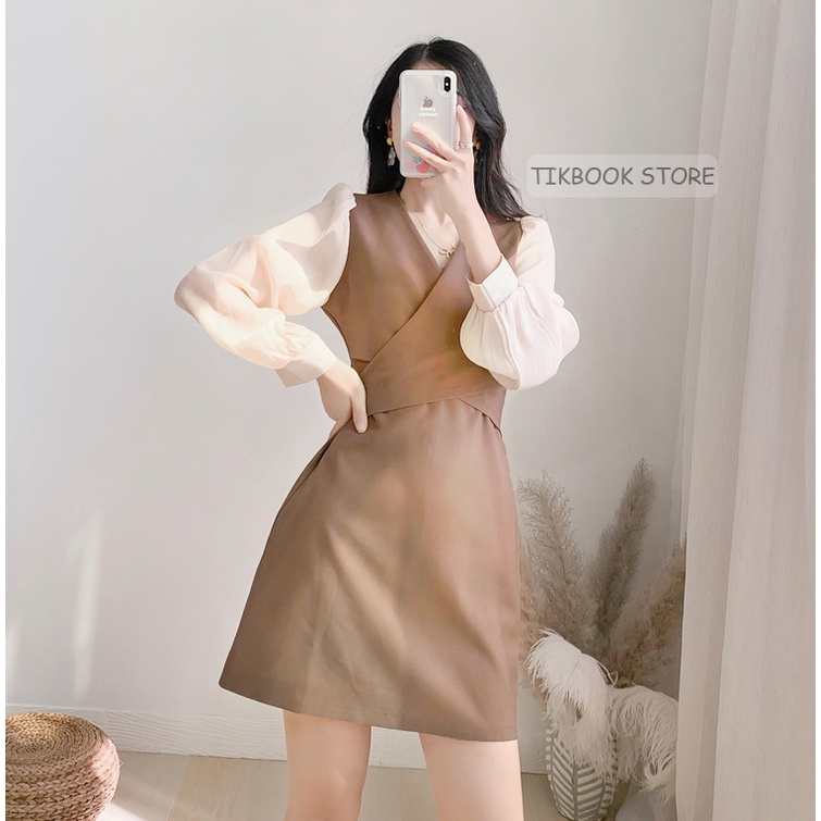 CÓ SẴN- Váy Dài Tay Cổ V mùa thu, Hàng Quảng Châu  - Tikbook Store