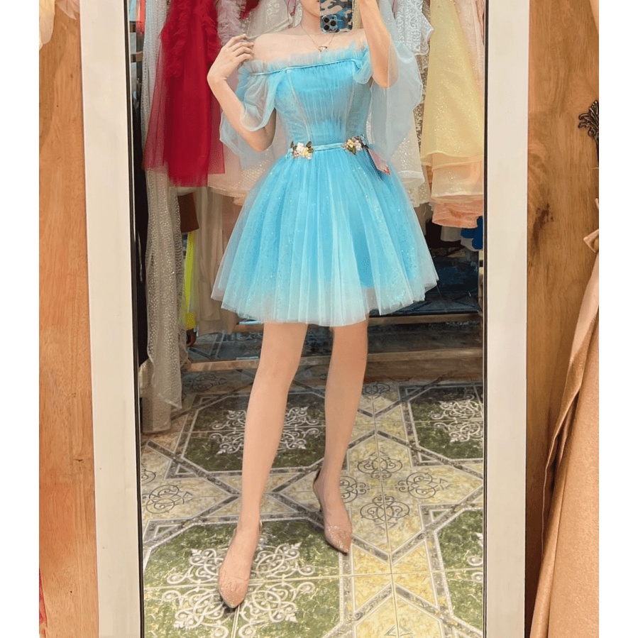 SIÊU SALE ĐẦM LƯỚI HOA EO THIẾT KẾ TAY DÀI NGANG VAI  , ĐẦM XÒE XINH XẮN KHI ĐI CHƠI , DỰ TIỆC UP SHOP HHP