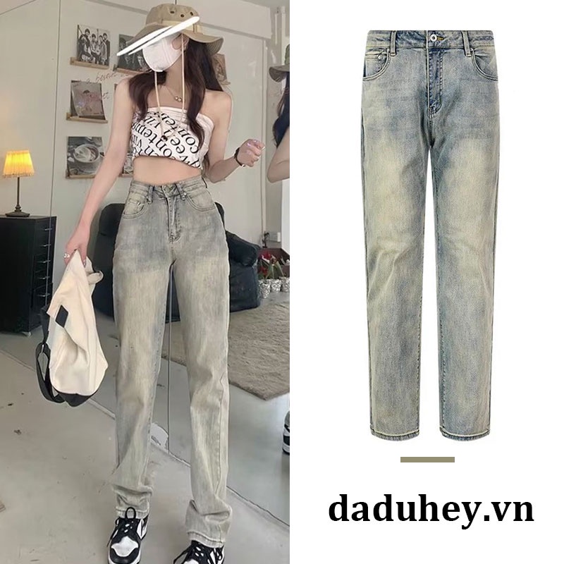 Quần jeans Daduhey phong cách Mỹ retro đường phố ống thẳng eo cao ôm dáng thời trang nữ hơi ngả vàng