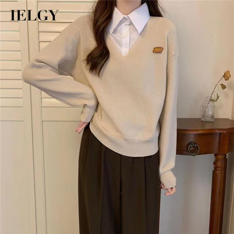 IELGY   IELGY   Áo sweater Dệt Kim Cổ polo Ghép Mảnh Vừa Vặn Dễ Phối Đồ Cho Nữ
