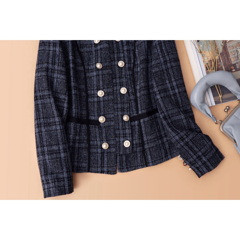 Áo khoác bố tweed KACHISA 773SQE phối nút caro xanh đen sang trọng