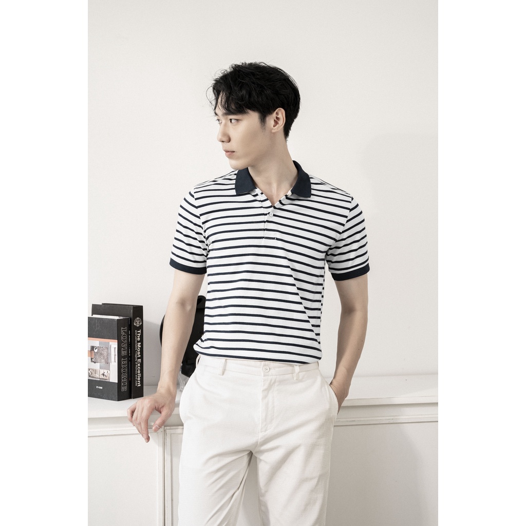 Áo Polo nam tay ngắn BLUE STRIPED vải Cotton Single sọc trẻ trung, thanh lịch, sang trọng - HUSSIO