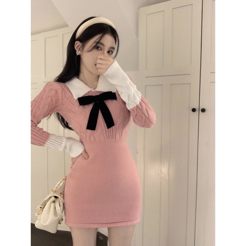 |SANA SET| Đầm len body tay dài gắn nơ TLÉA