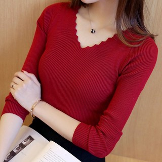 Áo Len Nữ Dài Tay Cổ Chữ V Màu Đỏ Phong Cách Mới