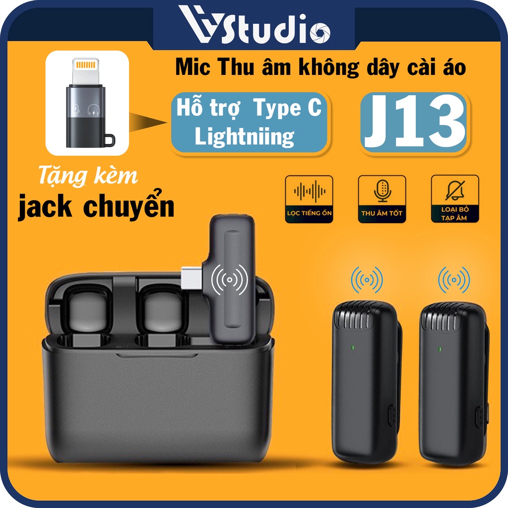 Mic thu âm không dây cài áo J13 giảm nhiễu lọc ồn tặng kèm jack chuyển OTG nhỏ gọn