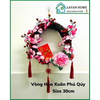 [HÀNG CÓ SẴN] Vòng nguyệt quế trang trí Tết, vòng treo cửa đón tài lộc xuân về hoa đỏ may mắn độc quyền shop tự thiết kế