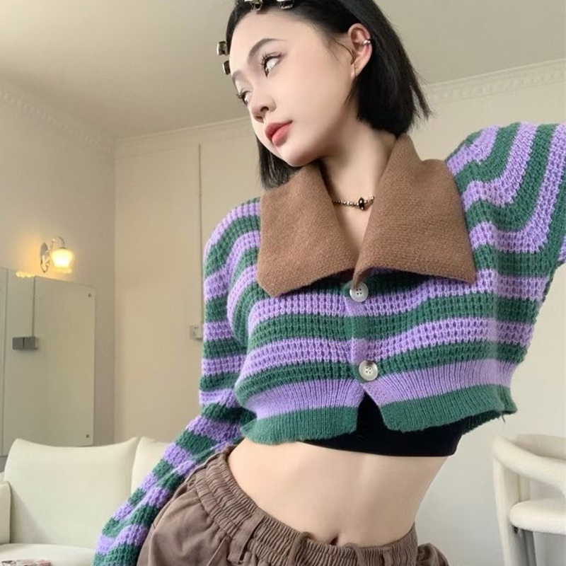 IELGY   Áo cardigan Dệt Kim Tay Phồng Họa Tiết Kẻ Sọc Thời Trang Pháp Cho Nữ