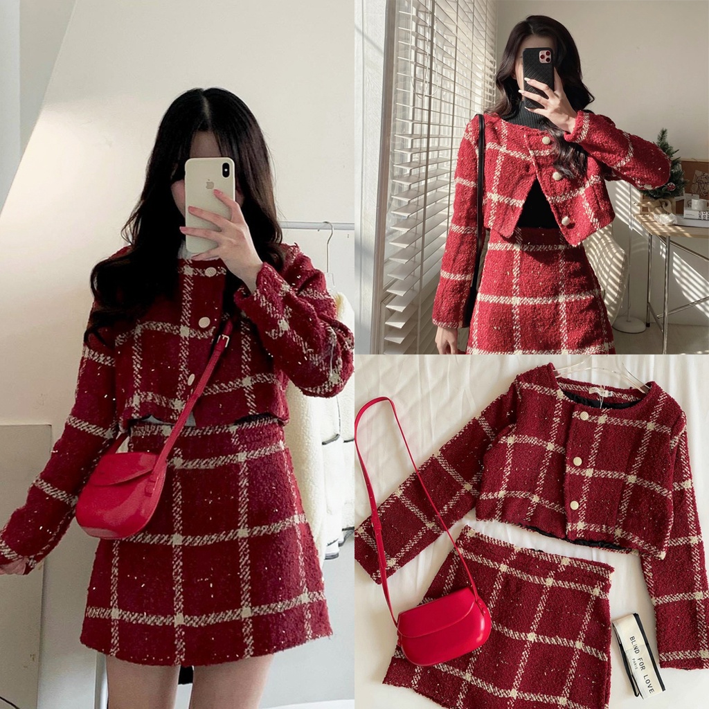 Set áo khoác mùa đông kèm chân váy chất dạ kẻ tweed 2 lớp dày dặn tiểu thư xinh xắn