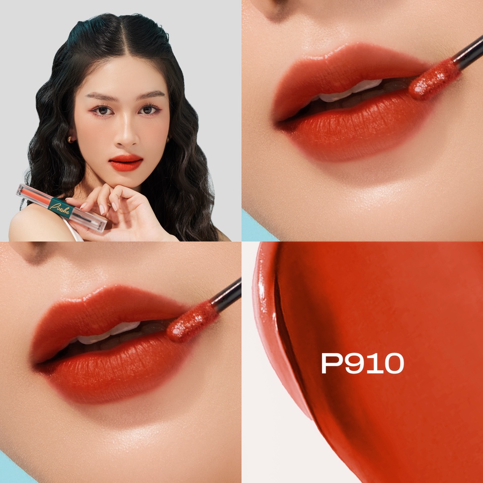 Son Kem 2 Đầu Posshe Siêu Lì Không Trôi Màu P910: Cam Gạch - Mua 2 Cây Tặng Kem Má Hồng + Son Dưỡng Và Sáp Tẩy