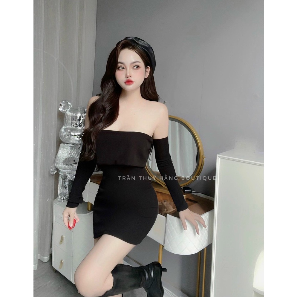 Đầm bẹt vai bản ôm body kèm tay rời cực xinh , chất thun gân dày dặn