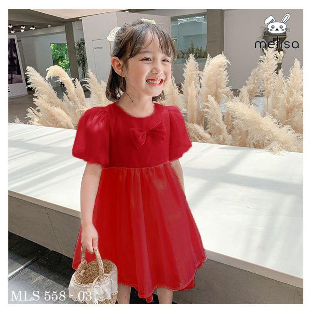 Váy melisa nơ ngực tơ óng màu đỏ cho bé gái đi tiệc, đi chơi, đi học size từ 9 tới 40Kg