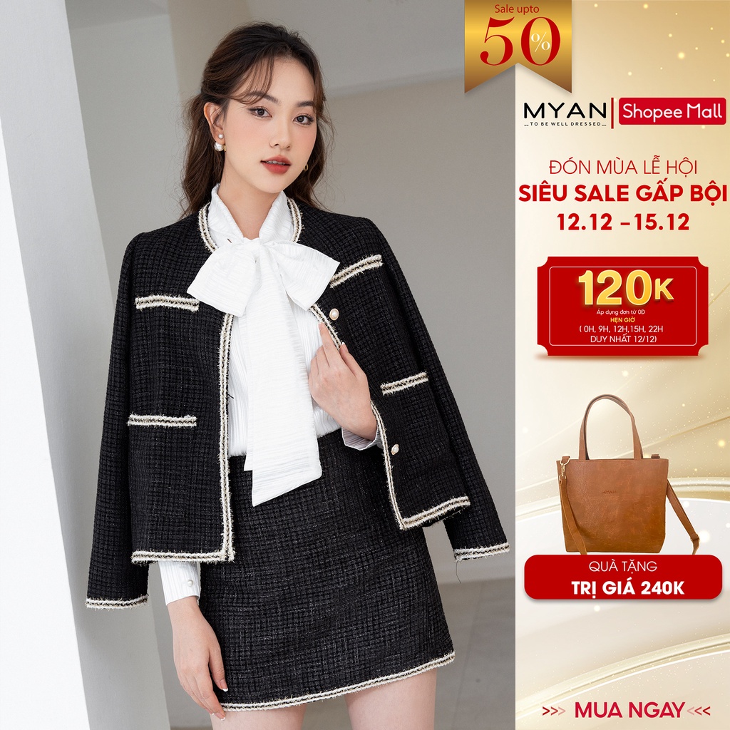 Set Tweed Áo Khoác + Chân Váy MYAN Thiết Kế Áo Dạ Phối Viền Kim Tuyến Cúc Ngọc, Váy Chữ A Có Quần Màu Đen SVN012201