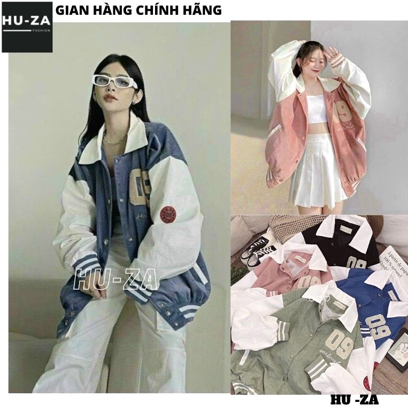Áo Bomber Nhung 09 Tay Phối Màu Cổ Sơ Mi Bo Chun, Áo Khoác Dáng Rộng Thêu Chữ Số Tay Bo 4 Màu Phối Viền Kẻ - HUZA