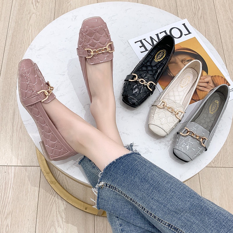 Giày Búp Bê Da Bóng Mũi Vuông Đế Bằng Mềm Mại Phong Cách Hồng Kông Thời Trang Dự Tiệc Sang Trọng Cho Nữ