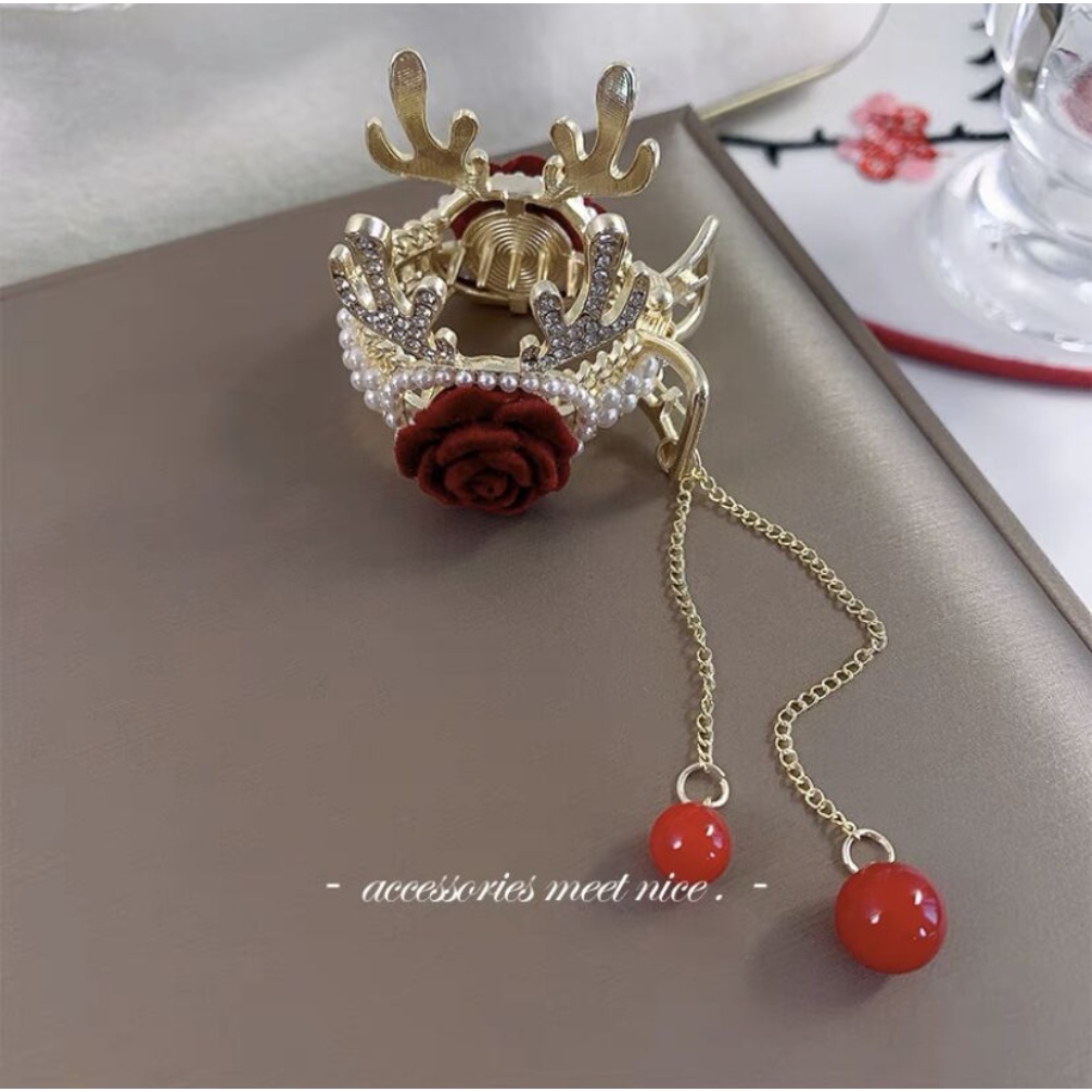 Kẹp Tóc Hình Vương Miện Đuôi Ngựa Bằng Kim Loại Đính Hạt Kim Cương Giả Màu Đỏ Phong Cách Trung Hoa Dành Cho Bạn Nữ