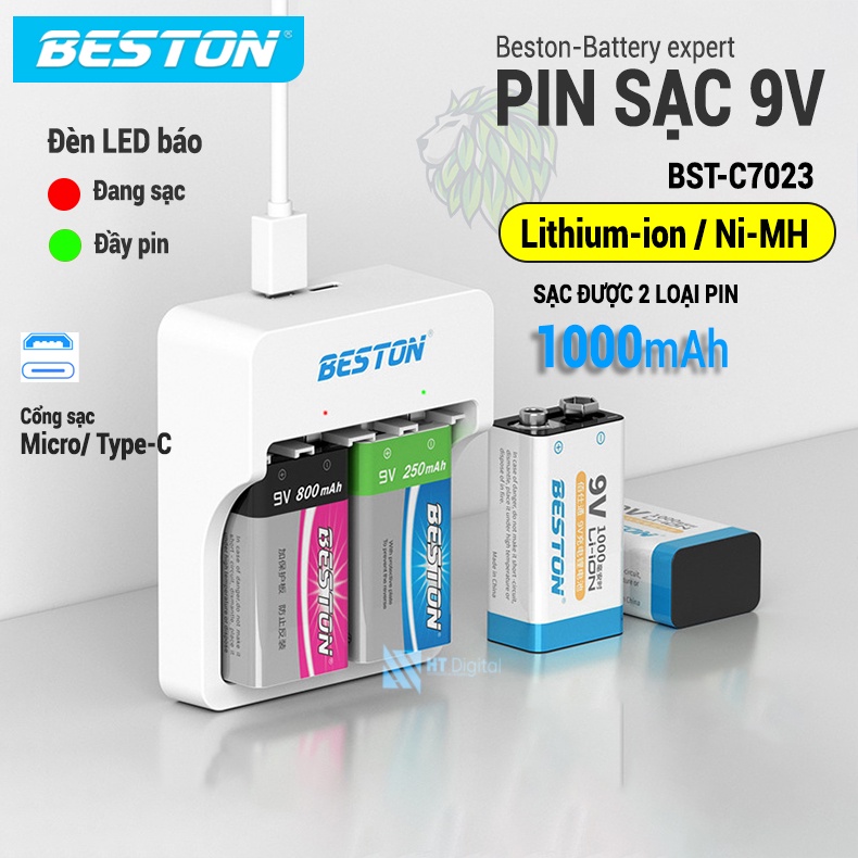 Bộ pin sạc 9V Beston M7023 Ni-MH/Lithium dùng cho micro karaoke, đồng hồ đo điện, đồ chơi, đèn pin