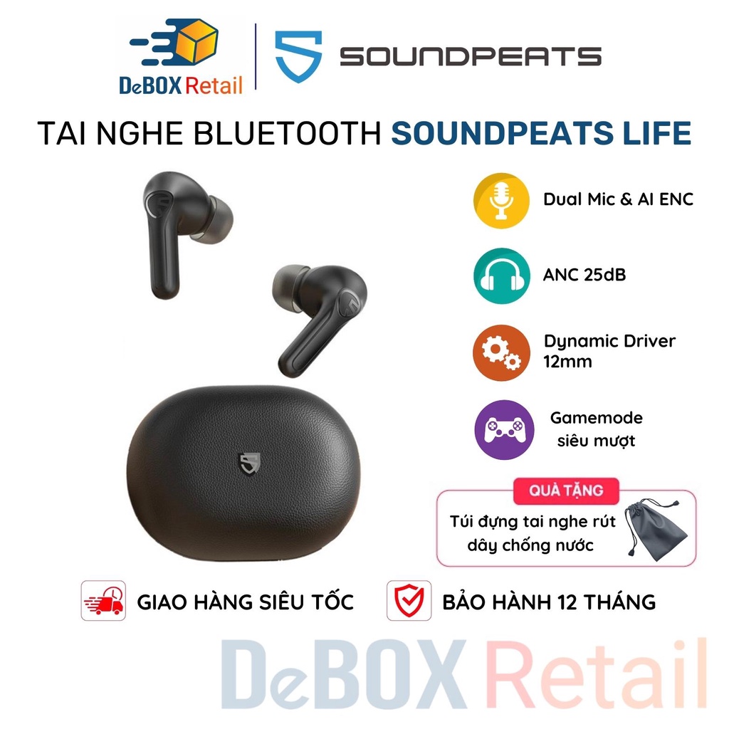 Tai nghe True Wireless SoundPEATS Life ANC 25dB Game Mode Bluetooth 5.2 (Đen), Mic kép AI ENC - Hàng Chính Hãng