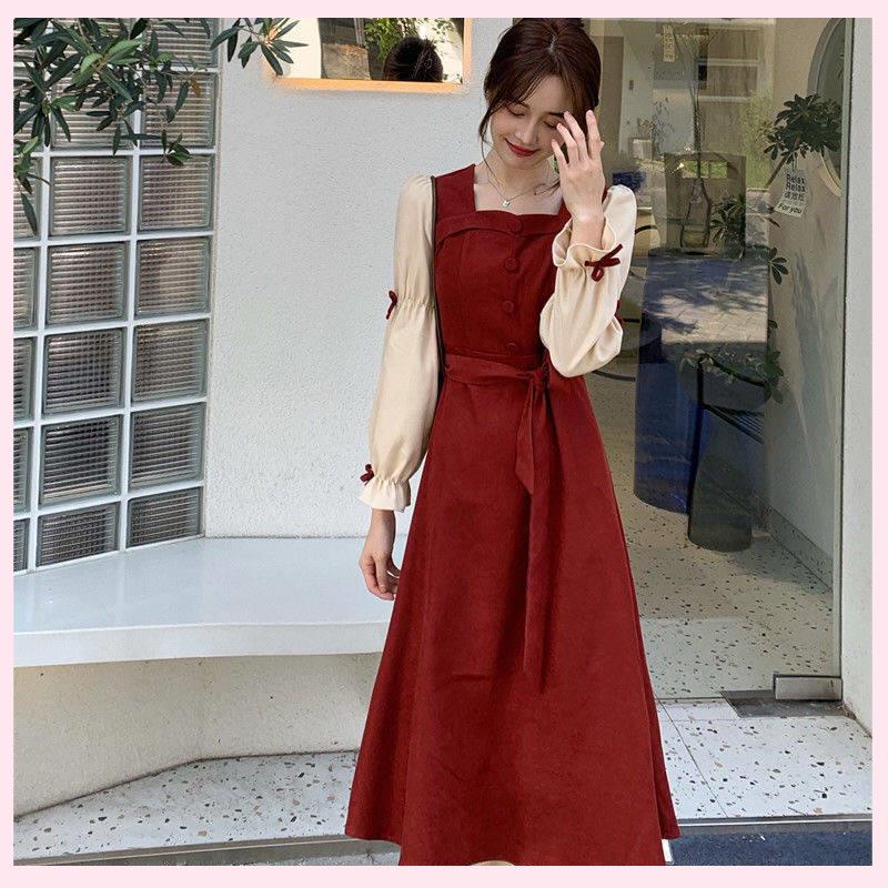 🎀váy babydoll váy dài tay thu đông váy mùa đông cho nữ set váy nữ váy xinh Đầm Nhung Tay Phồng Dáng Dài Vừa Thời Trang Mùa Thu 2021 Phong Cách Pháp Cổ Điển Dành Cho Bạn Nữ