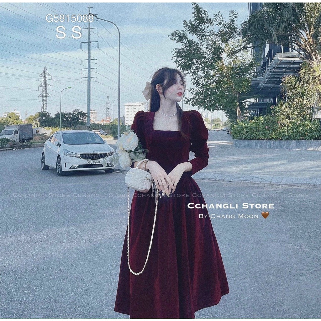 [12.12 Sales Freeship] Đầm nữ tiểu thư vintage dáng dài, đầm nhung cổ vuông tay dài ôm eo dáng xòe đi cưới sang chảnh