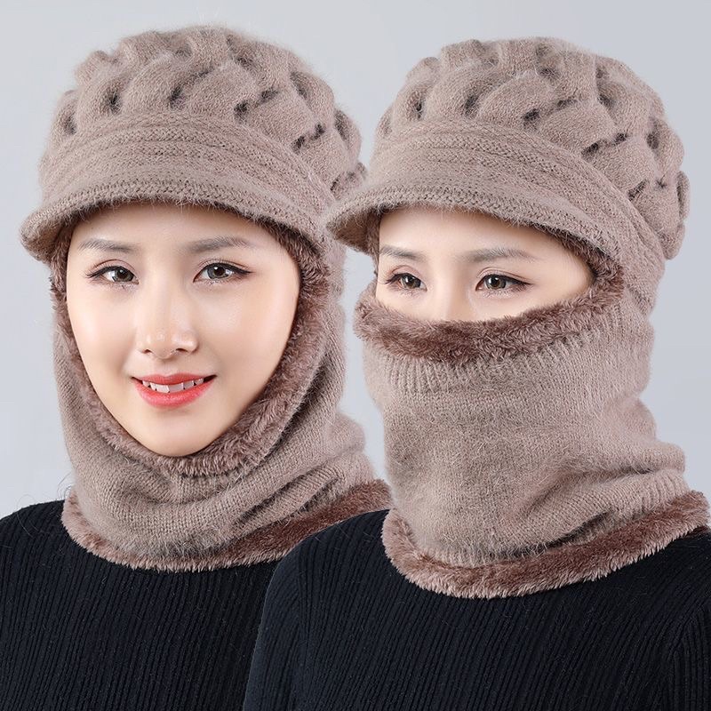 Mũ len nữ kèm khăn quàng che mặt mùa đông ấm tiện dụng mũ len trung niêncho mẹ mũ len trùm đầu thời trang nữ