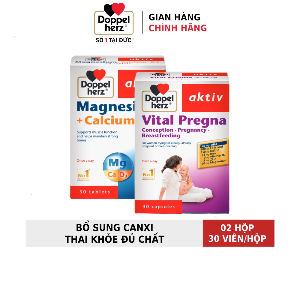 Bộ đôi dưỡng thai bổ sung canxi, Vitamin tổng hợp, DHA cho mẹ bầu Doppelherz Vital Pregna + Mg Canxi D3 (02 hộp 30 viên)