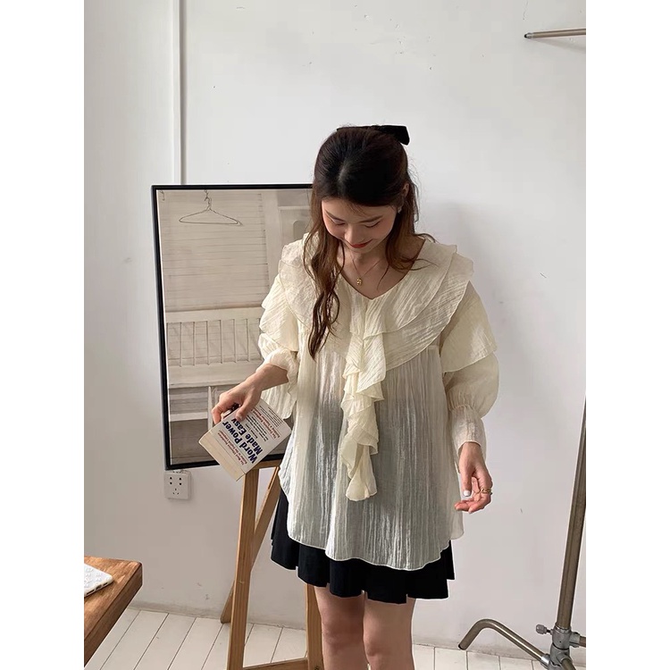 Áo sơ mi voan tơ mỏng viền bèo xoắn phong cách Hàn Quốc M220 | BigBuy360 - bigbuy360.vn