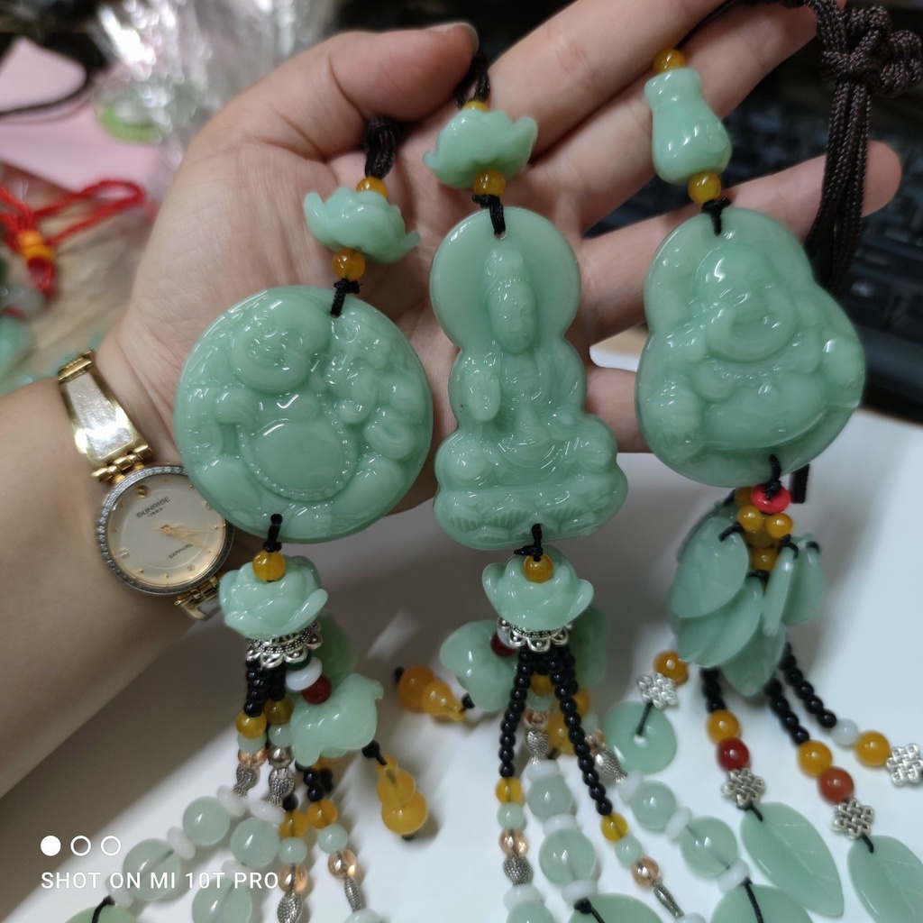 Khánh treo ô tô hình phật di lặc, phật quan âm bằng đá phong thuỷ, nút thắt cát tường