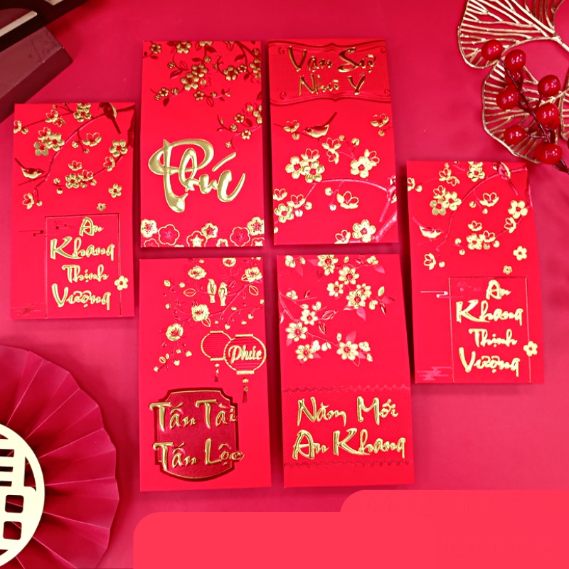 Bao lì xì tết 2023 nhiều lớp - màu đỏ nhung – 6 bao – bao lì xì tết mang lại may mắn cho gia chủ