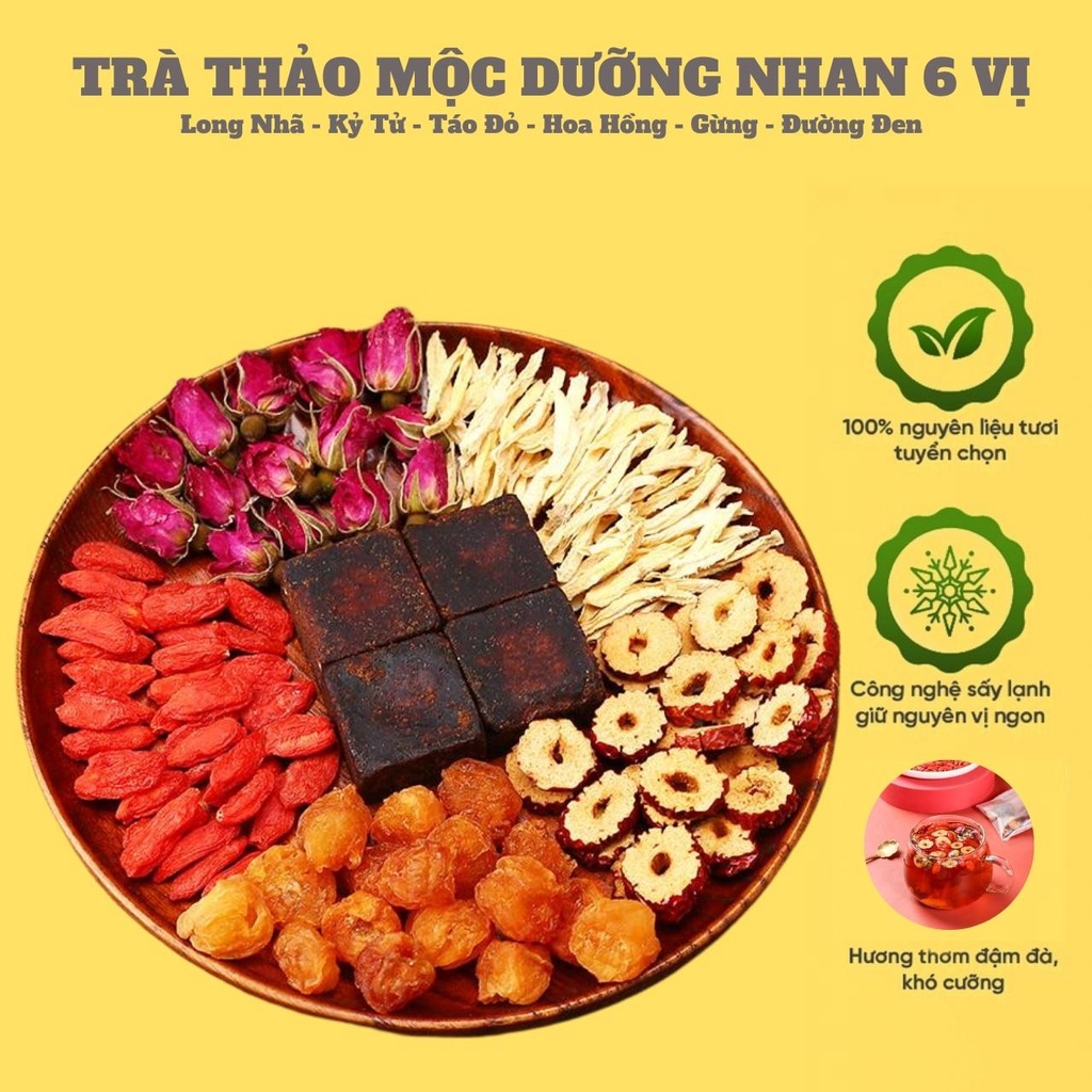 Trà Thảo Mộc Dưỡng Nhan 6 Vị LONG NHÃN, KỶ TỬ, TÁO ĐỎ, HOA HỒNG, GỪNG, ĐƯỜNG ĐEN - TIỆM TRÀ TỪ TÂM