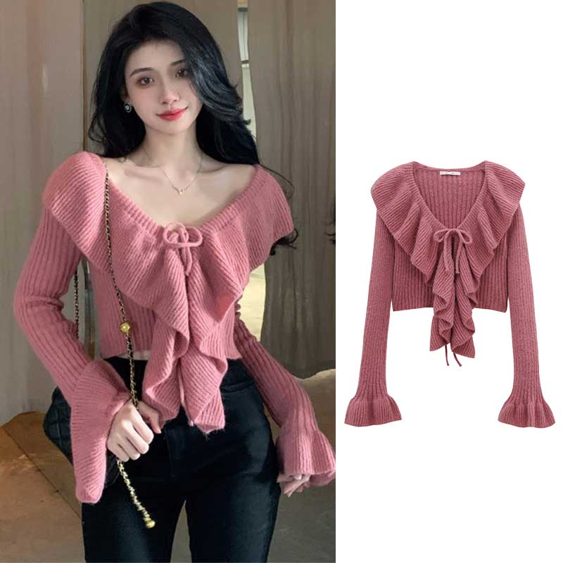 Áo Sweater Tay Loe Dài Thiết Kế Cổ Chữ V Thanh Lịch