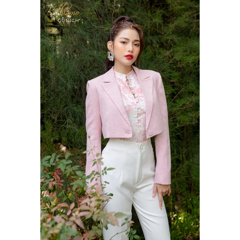 Áo blouse organza họa tiết màu hồng nhạt chất liệu Organza ép họa tiết Gunich