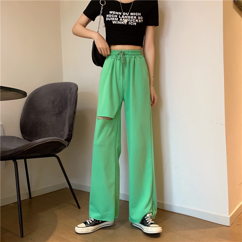 quần âu nữ，Quần ống rộng màu trơn，cổ điển hàn quốc women's ripped casual pants