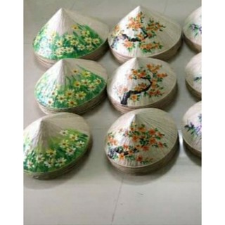 20 nón vẽ hoa mai vàng ngày tết + chữ thư pháp