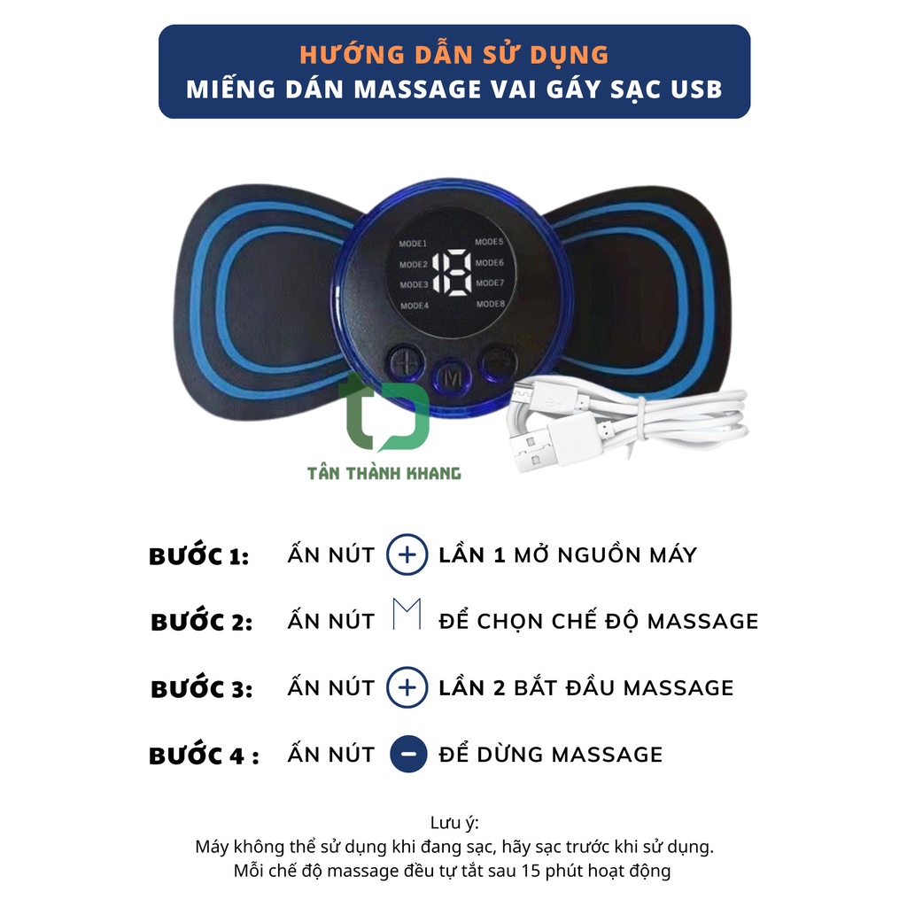 Miếng Dán Massage Xung Điện EMS Có Sạc USB Giảm Nhức Mỏi Cổ Vai Gáy, Bắp Tay, Lưng Hiệu Quả, Thư Giãn Cơ