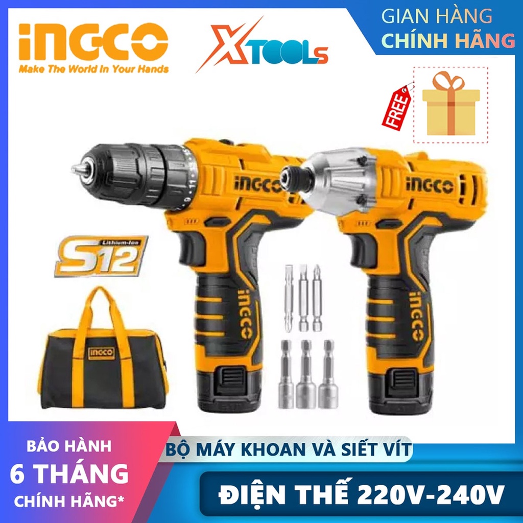 Bộ combo máy khoan pin 10mm và máy bắn vít dùng pin 12V Ingco CKLI1201 kèm 2 pin 1.5ah, 1 sạc, có chỉnh tốc, đảo chiều