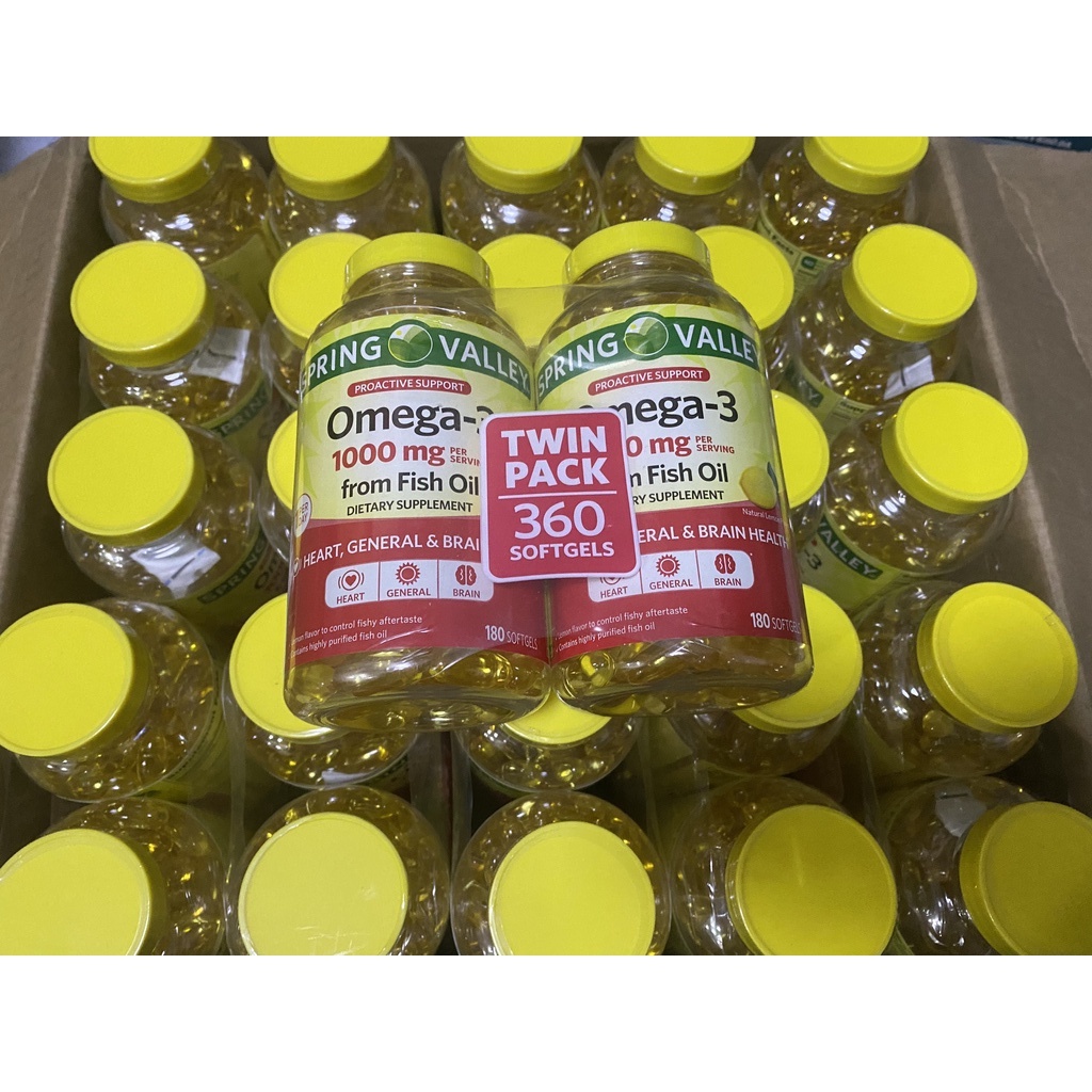 FISH OIL - SPRING VALLEY - OMEGA - 3 - 180 SOFTGELS - Giúp sáng mắt bổ não đẹp da ngăn ngừa cholesterol xấu hương chanh