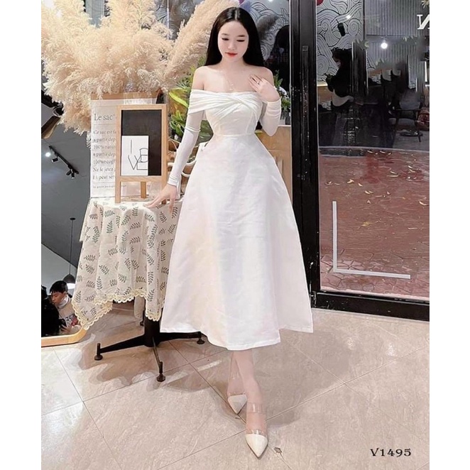 Bigsizetix Đầm tapta bẹc vai tay dài sang chảnh 50-90kg