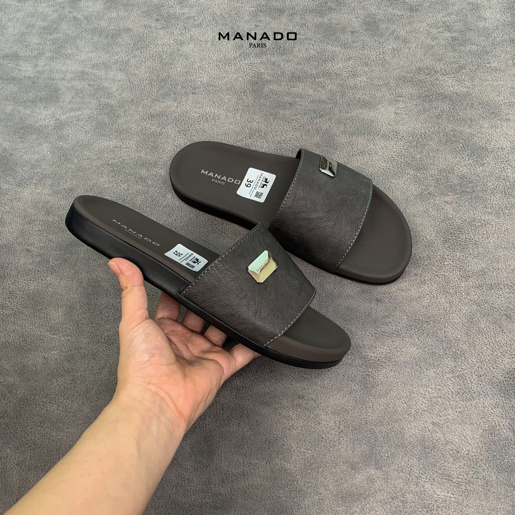 Dép da nam quai ngang cao cấp Manado Mã MND02 màu xám fullbox, quai da mềm mại, đế cao su thiết kế chắc chắn